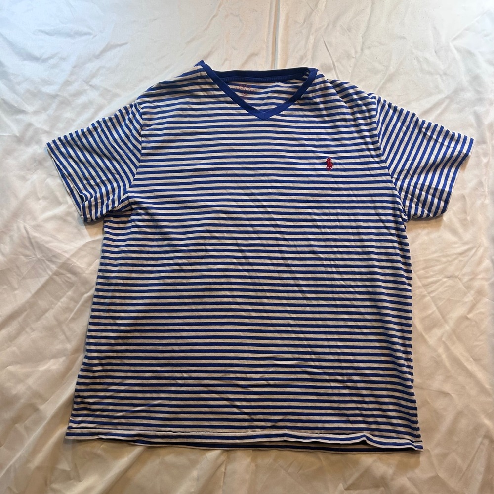 Polo Ralph Lauren Mens XL Blue White Striped V-Neck T-Shirt Pony Logo